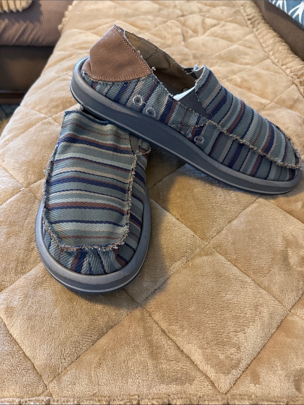 Sanuk Striped Slip-On Shoes in Blue and Tan Accents